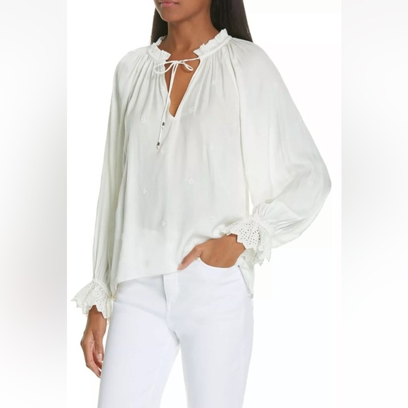 Ulla Johnson Irene Pearl White Drawstring Neck Blouse - Picture 2 of 12